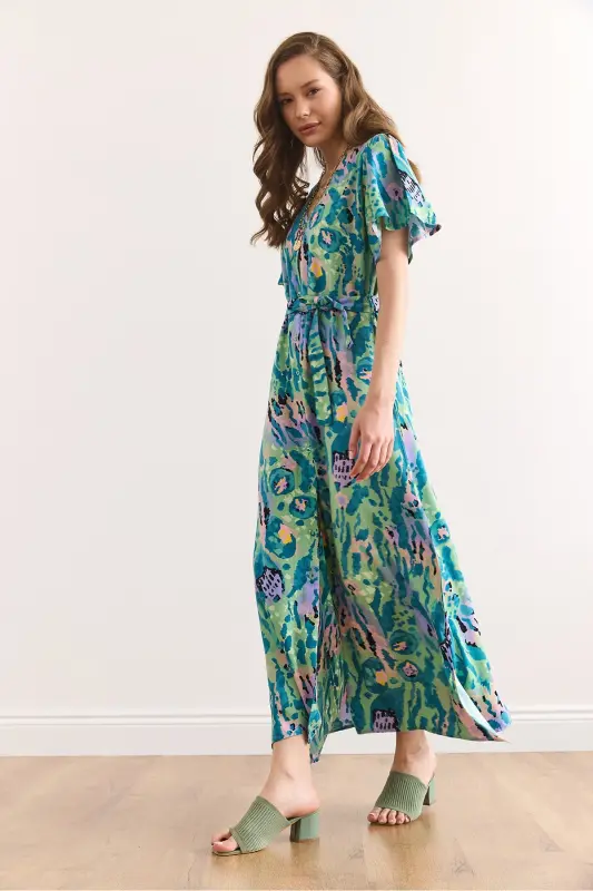 Woman Green Lilac Buttoned Belted Maxi Viscose Shirt Dress Elb-19002382-Green Lilac - 6