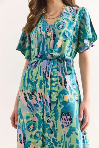 Woman Green Lilac Buttoned Belted Maxi Viscose Shirt Dress Elb-19002382-Green Lilac - 7
