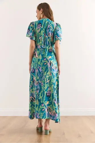 Woman Green Lilac Buttoned Belted Maxi Viscose Shirt Dress Elb-19002382-Green Lilac - 8