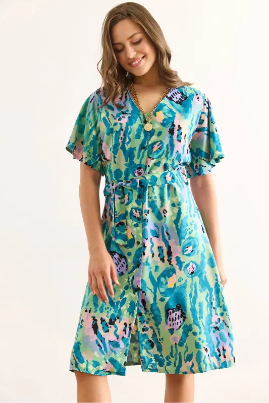 Woman Green Lilac V Neck Belted Woven Mini Shirt Dress ELB-19002380-Green Lilac - 1