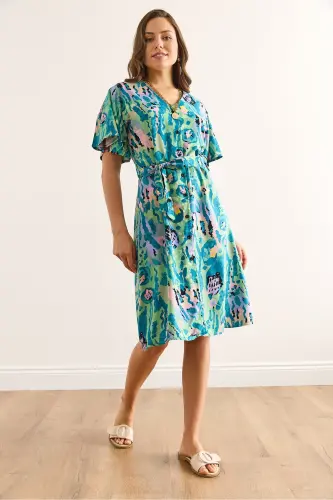 Woman Green Lilac V Neck Belted Woven Mini Shirt Dress ELB-19002380-Green Lilac - OLALOOK (1)