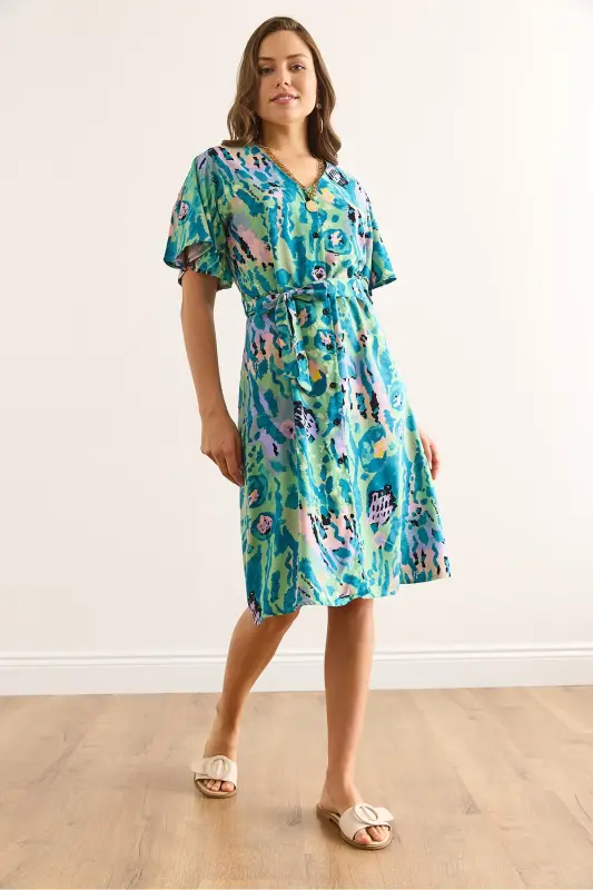 Woman Green Lilac V Neck Belted Woven Mini Shirt Dress ELB-19002380-Green Lilac - 2