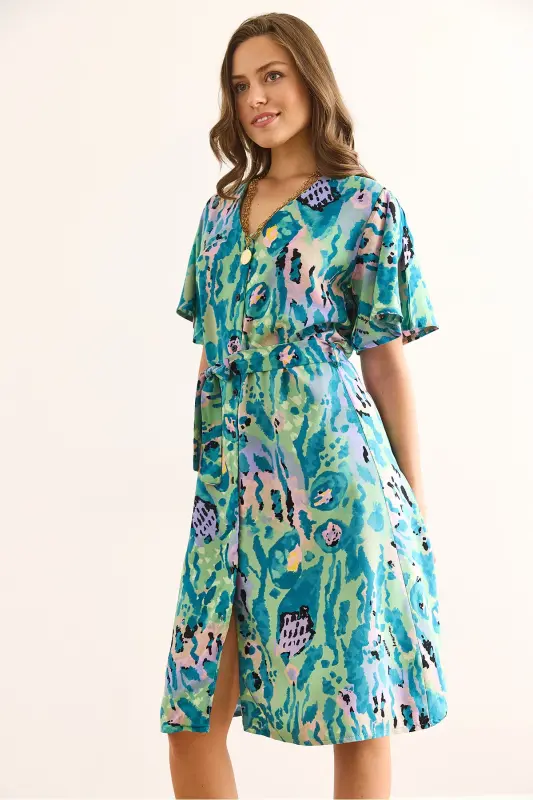 Woman Green Lilac V Neck Belted Woven Mini Shirt Dress ELB-19002380-Green Lilac - 3