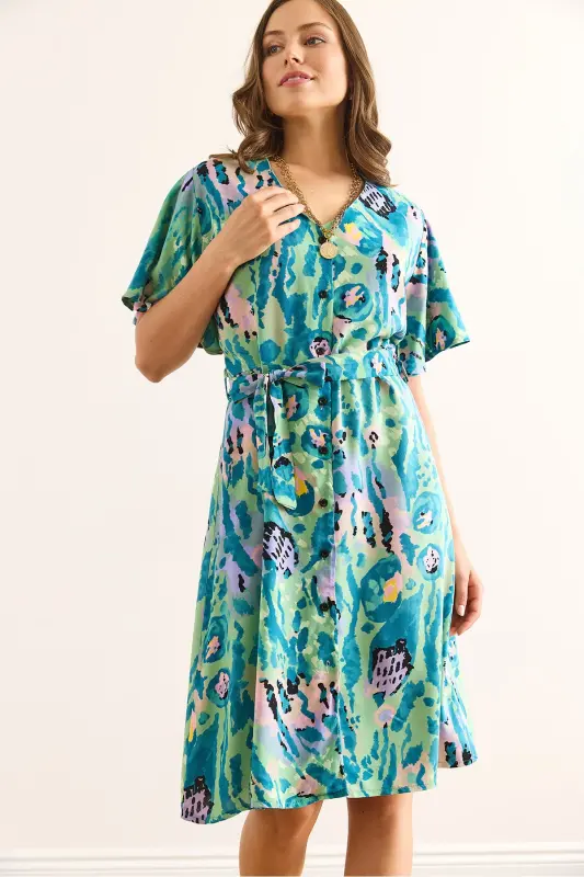 Woman Green Lilac V Neck Belted Woven Mini Shirt Dress ELB-19002380-Green Lilac - 4