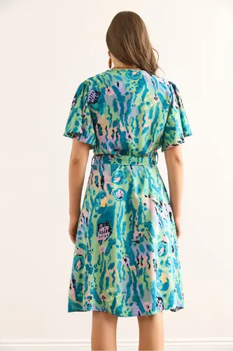 Woman Green Lilac V Neck Belted Woven Mini Shirt Dress ELB-19002380-Green Lilac - 5