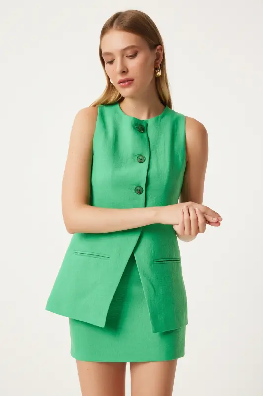 Woman Green Mini Woven Skirt FN03240-Green - 3