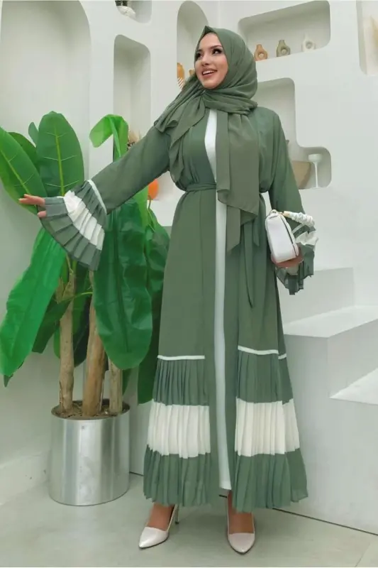 WOMAN GREEN (MINT) PLEATED DETAILED RUFFLE ABAYA T 4547-GREEN (MINT) - 3