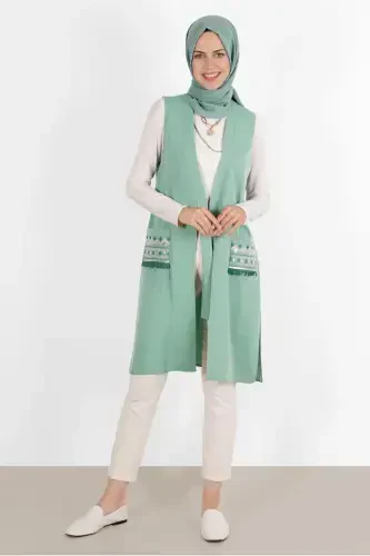 WOMAN GREEN (MINT) POCKETS EMBROIDERED VEST 40848-GREEN (MINT) - 1