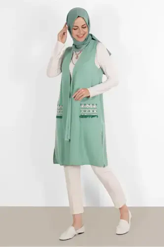 WOMAN GREEN (MINT) POCKETS EMBROIDERED VEST 40848-GREEN (MINT) - 2