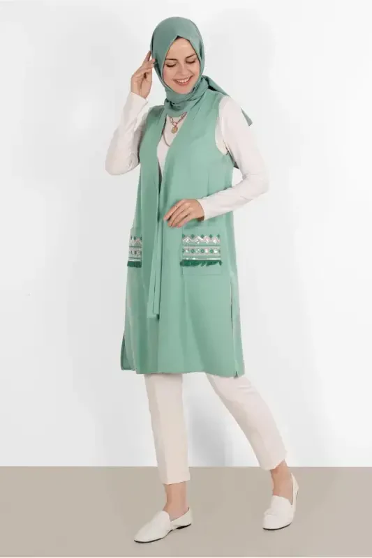 WOMAN GREEN (MINT) POCKETS EMBROIDERED VEST 40848-GREEN (MINT) - 2