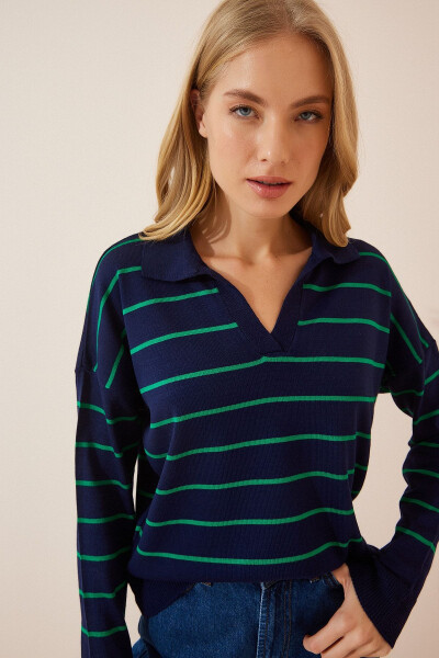 Woman Green Navy Striped Polo Neck Seasonal Knitwear Sweater BV00012 - HAPPINESS İSTANBUL