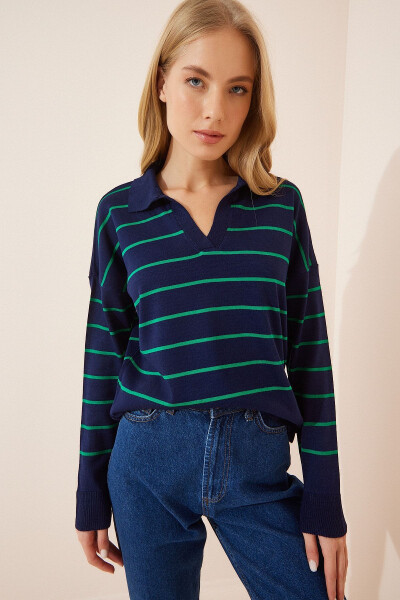 Woman Green Navy Striped Polo Neck Seasonal Knitwear Sweater BV00012 - HAPPINESS İSTANBUL (1)