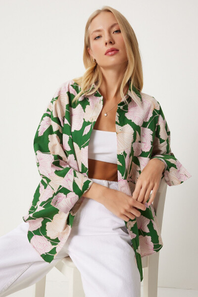 Woman Green Patterned Poplin Shirt Modazone00064 