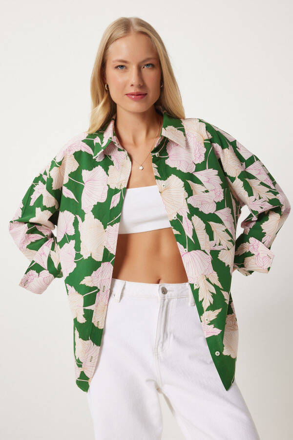 Woman Green Patterned Poplin Shirt Modazone00064 - 2