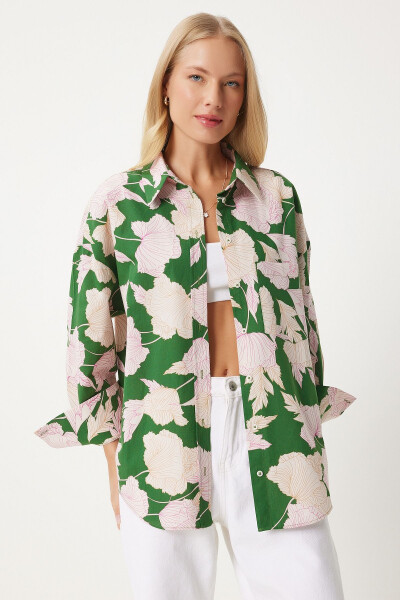 Woman Green Patterned Poplin Shirt Modazone00064 - 3