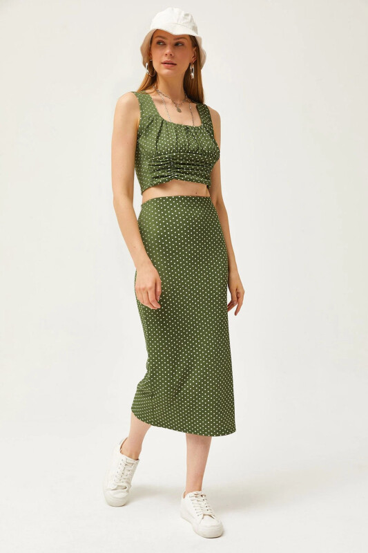 Woman Green Polka Dot Top Blouse Bottom Skirt Knitted Bottom - 1