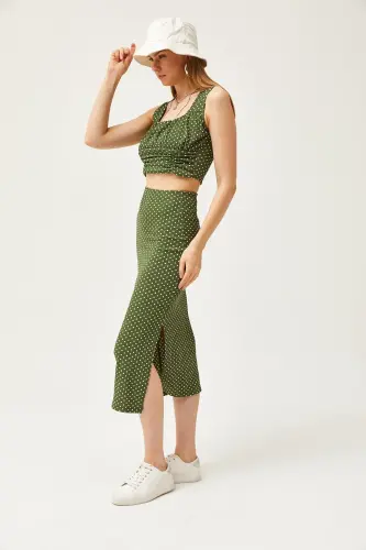 Woman Green Polka Dot Top Blouse Bottom Skirt Knitted Bottom - 3