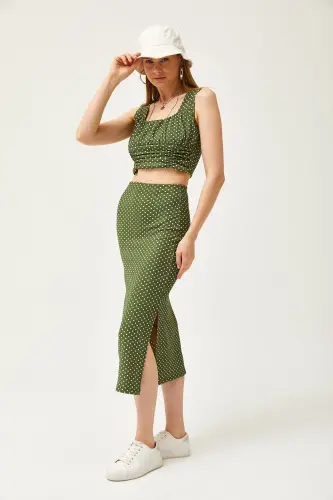 Woman Green Polka Dot Top Blouse Bottom Skirt Knitted Bottom - 4