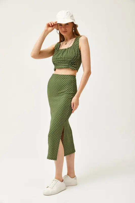 Woman Green Polka Dot Top Blouse Bottom Skirt Knitted Bottom - 4