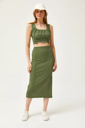 Woman Green Polka Dot Top Blouse Bottom Skirt Knitted Bottom - 5