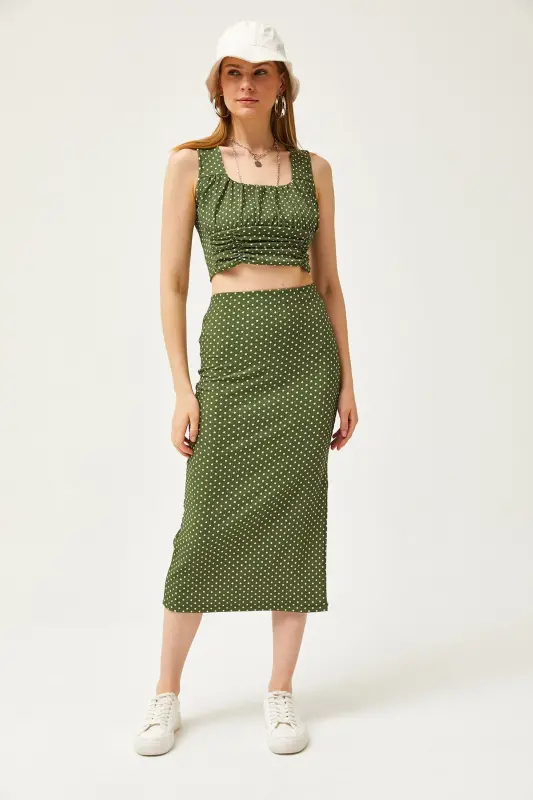 Woman Green Polka Dot Top Blouse Bottom Skirt Knitted Bottom - 5