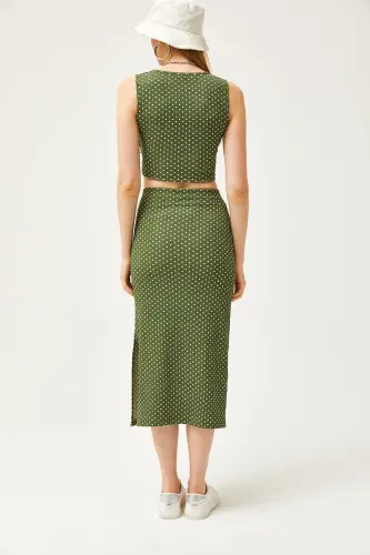 Woman Green Polka Dot Top Blouse Bottom Skirt Knitted Bottom - 6