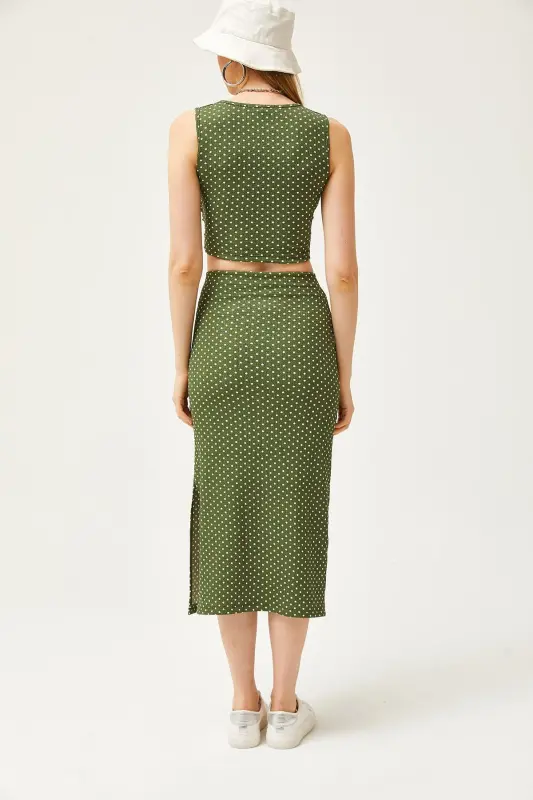 Woman Green Polka Dot Top Blouse Bottom Skirt Knitted Bottom - 6