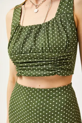 Woman Green Polka Dot Top Blouse Bottom Skirt Knitted Bottom - 7