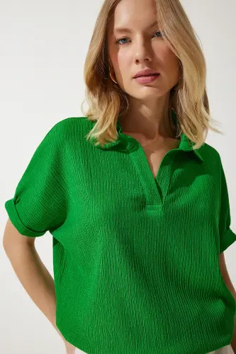 Woman Green Polo Neck Knitted Crinkle Blouse DD01299-Green - HAPPINESS İSTANBUL (1)