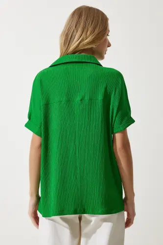Woman Green Polo Neck Knitted Crinkle Blouse DD01299-Green - 6