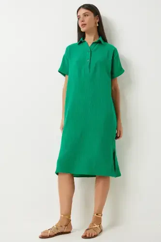Woman Green Polo Neck Summer Loose Muslin Dress TO00135-Green - 1