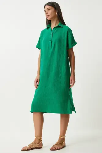 Woman Green Polo Neck Summer Loose Muslin Dress TO00135-Green - HAPPINESS İSTANBUL (1)