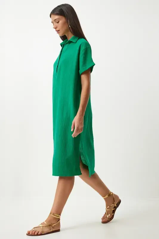 Woman Green Polo Neck Summer Loose Muslin Dress TO00135-Green - 3