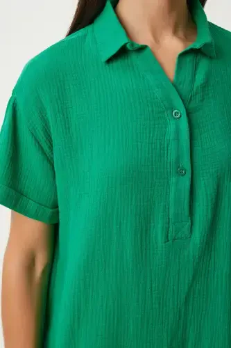 Woman Green Polo Neck Summer Loose Muslin Dress TO00135-Green - 4