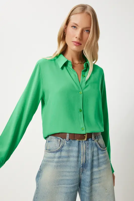 Woman Green Relaxed Fit Viscose Shirt TO00153-Green - 2