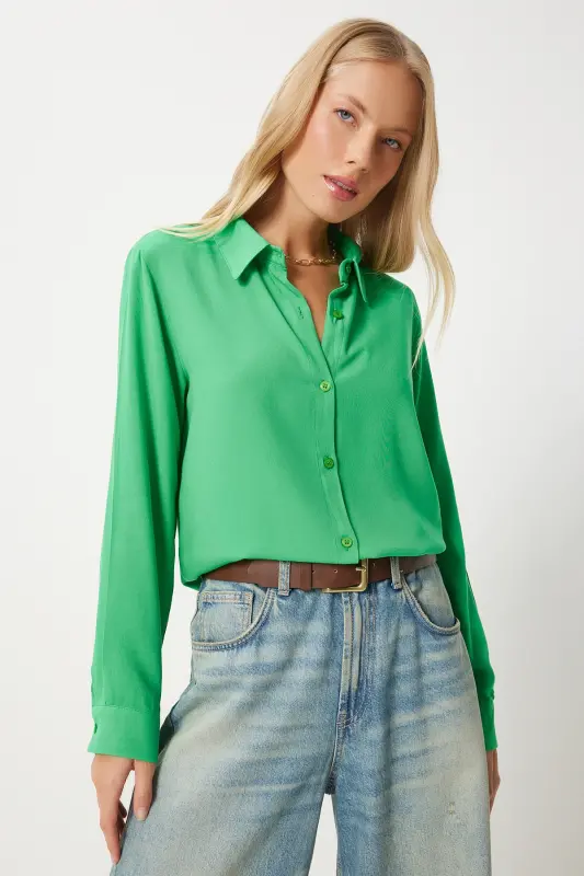 Woman Green Relaxed Fit Viscose Shirt TO00153-Green - 3