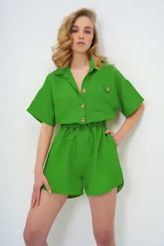 Woman Green Shirt Collar Double Pocket Shorts Jumpsuit ALC-X11611-GREEN - 1