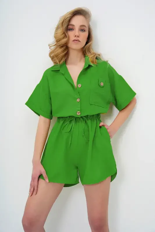 Woman Green Shirt Collar Double Pocket Shorts Jumpsuit ALC-X11611-GREEN - TREND ALAÇATI STILI
