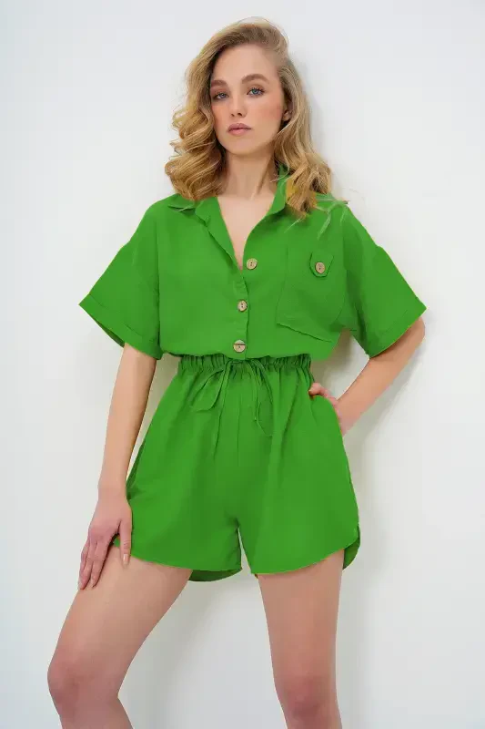 Woman Green Shirt Collar Double Pocket Shorts Jumpsuit ALC-X11611-GREEN - 2