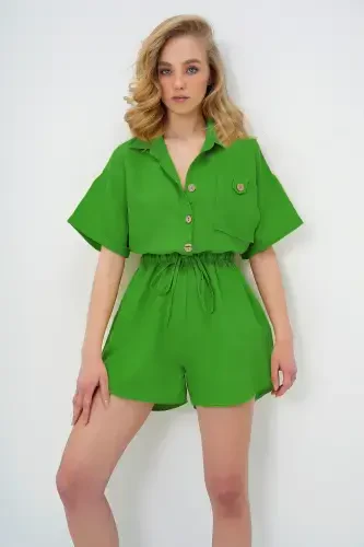 Woman Green Shirt Collar Double Pocket Shorts Jumpsuit ALC-X11611-GREEN - 4