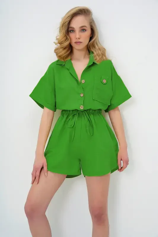 Woman Green Shirt Collar Double Pocket Shorts Jumpsuit ALC-X11611-GREEN - 4