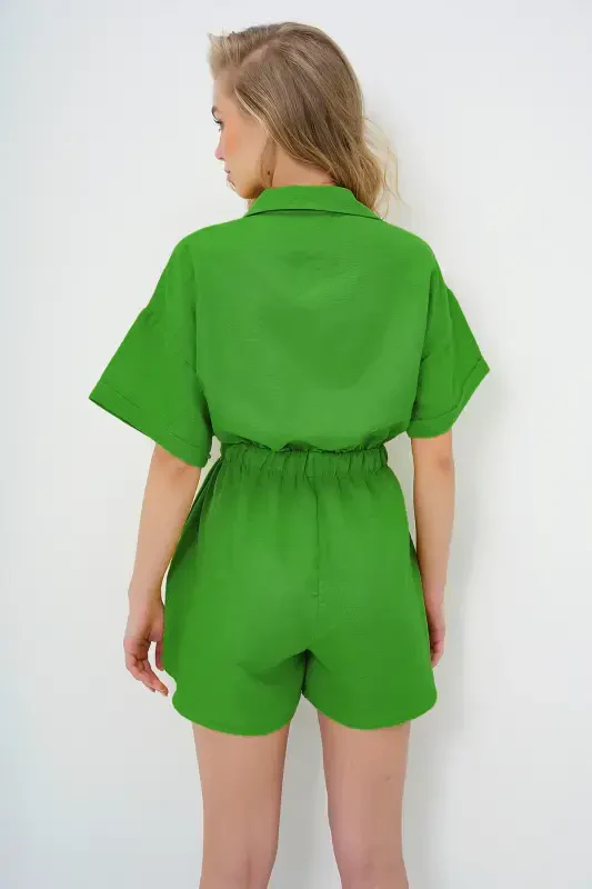 Woman Green Shirt Collar Double Pocket Shorts Jumpsuit ALC-X11611-GREEN - 5
