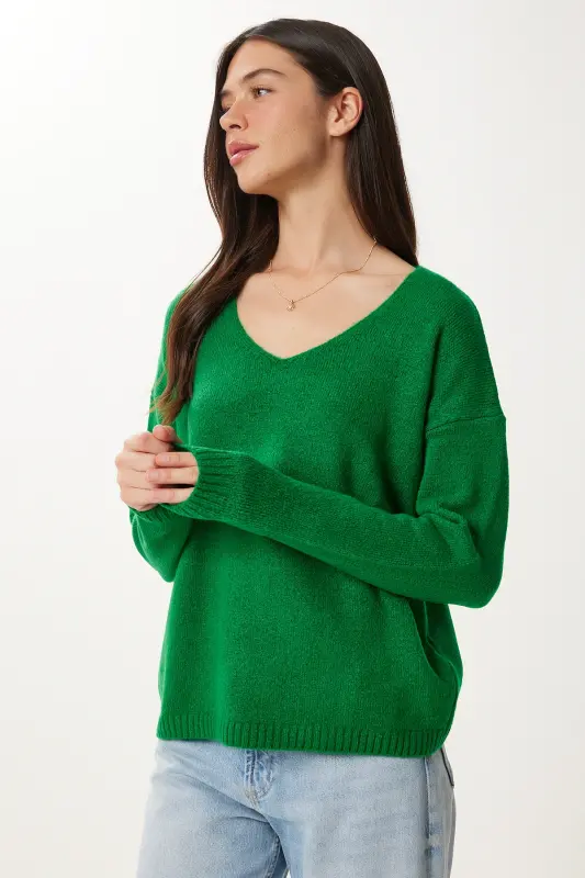 Woman Green V Neck Knit Sweater ZA00063-Green - 2