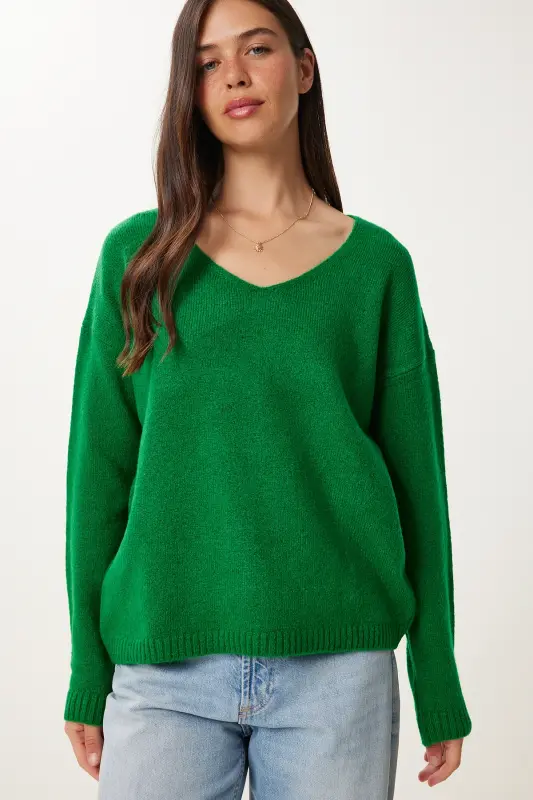 Woman Green V Neck Knit Sweater ZA00063-Green - 3