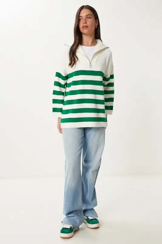 Woman Green White Zippered Stand-up Collar Striped Oversize Knitwear Sweater BV00009-Green White - 2