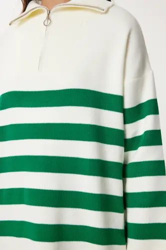 Woman Green White Zippered Stand-up Collar Striped Oversize Knitwear Sweater BV00009-Green White - 3
