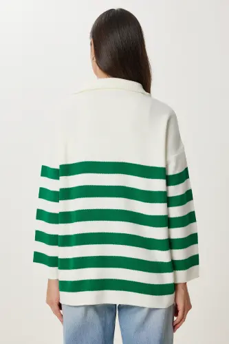 Woman Green White Zippered Stand-up Collar Striped Oversize Knitwear Sweater BV00009-Green White - 4