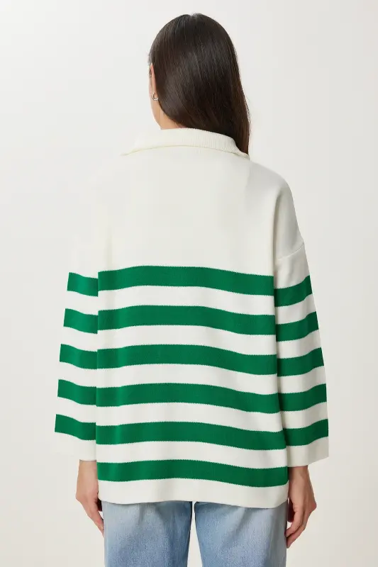 Woman Green White Zippered Stand-up Collar Striped Oversize Knitwear Sweater BV00009-Green White - 4