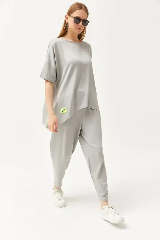 Woman Grey Asymmetric Blouse Soft Textured Set - 1
