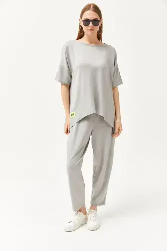 Woman Grey Asymmetric Blouse Soft Textured Set - OLALOOK (1)
